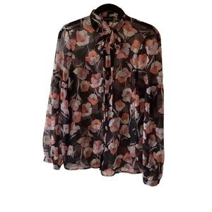 Who What Wear Black and Pink Floral Sheer Button Up with Tie Neck Dark Romantic